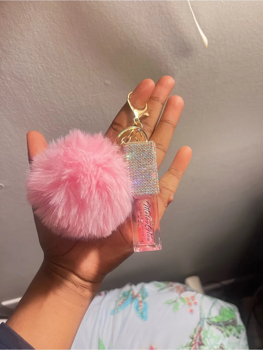 & Other Stories Pink Faux Fur Pom Pom Keychain with Rhinestone Lip Charm